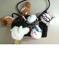 Black ladies' bag decorated with soft keychains