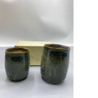 Set of 2  Japanese handcrafted glass teacups, in the style of Meoto Yunomi (a set for husband and wife), are often presented in a Tomobako wooden box.
