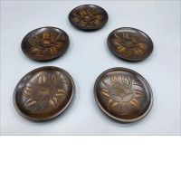 Set of 5  vintage Japanese Kamakura-bori carved wood lacquerware plates or trays featuring a camellia flower motif. 