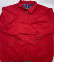 vintage Chaps Ralph Lauren men's red Harrington jacket, featuring a full zip closure and tartan plaid lining. 