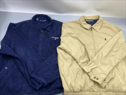 Set of 2 vintage navy blue Polo Sport fleece pullover and a beige Polo Ralph Lauren Harrington windbreaker jacket. 