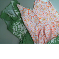 Set of 2 long dresses, green and orange in flowers