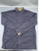 This men's dark blue, long-sleeved, button-down shirt is from the H&M brand.