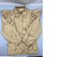 Zara women's khaki poplin ruffled blouse featuring a button-front closure, lapel collar, and long sleeves. 