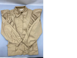 Zara women's khaki poplin ruffled blouse featuring a button-front closure, lapel collar, and long sleeves. 