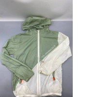 Green and white hooded windbreaker with front zipper closure.