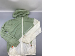 Green and white hooded windbreaker with front zipper closure.