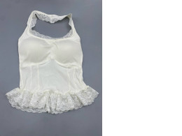 White camisole top with a halter neck design, featuring lace trim and ruffled hem.