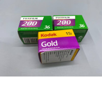 Set of 3 35mm color negative film, featuring Kodak Gold 200 and Fujifilm 200 rolls. Set of 3 35mm color negative film, featuring Kodak Gold 200 and Fujifilm 200 rolls.