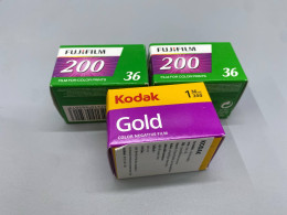 Set of 3 35mm color negative film, featuring Kodak Gold 200 and Fujifilm 200 rolls. 