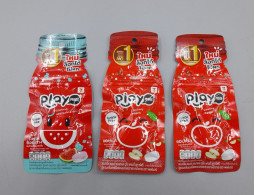 Set of 3 Playmore brand sugar-free cooling menthol candies in watermelon and apple flavors. 