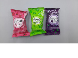 Set of 3 Playmore Gummy Tape Candies: Strawberry, Green Apple, and Japanese Grape.