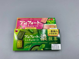 Set of 2  Bourbon Alfort Mini Chocolate biscuits, specifically the Rich Matcha and Rich Strawberry flavors