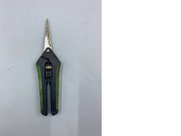 ergonomic garden shears featuring straight stainless steel blades and a locking mechanism. 