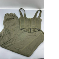 This olive-colored Edikted Lottie Washed Denim set features a structured crop top with a front-zip closure and matching trousers. 