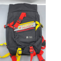 This black backpack has red and yellow straps and is from the Moscow Marathon.