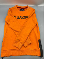 This orange crewneck sweatshirt with a graphic print resembles the Alcott brand, featuring a printed slogan and a side zipper.