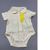 cream-colored knit baby bodysuit designed for infants aged 1 to 3 months, featuring a collared neckline and snap closures. 
