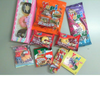 A set of 9 packages of chewing gum, in different shapes