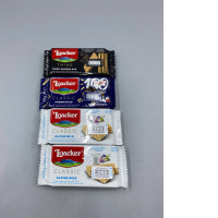 Set of 4 Loacker wafers come in a variety of flavors, such as dark chocolate and Alpine milk. Set of 4 Loacker wafers come in a variety of flavors, such as dark chocolate and Alpine milk.