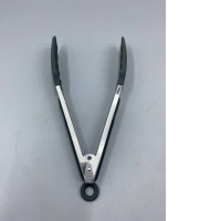 These stainless steel kitchen tongs feature heat-resistant silicone tips and a locking mechanism for easy storage. 