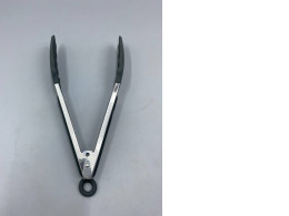 These stainless steel kitchen tongs feature heat-resistant silicone tips and a locking mechanism for easy storage. 