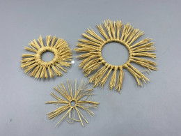 Set of 3 natural woven raffia hoop wall hangings adds a Bohemian, earthy texture to any room. 