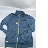 casual grey-blue zip-up jacket with "GSR" text and a small embroidered circular patch on the front. casual grey-blue zip-up jacket with "GSR" text and a small embroidered circular patch on the front.