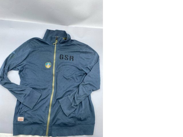 casual grey-blue zip-up jacket with "GSR" text and a small embroidered circular patch on the front. casual grey-blue zip-up jacket with "GSR" text and a small embroidered circular patch on the front.