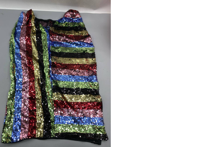 This rainbow-striped sequin fabric is often utilized for statement apparel like party dresses or skirts This rainbow-striped sequin fabric is often utilized for statement apparel like party dresses or skirts
