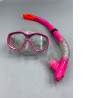 pink and gray snorkeling set, which includes a diving mask and a dry-top snorkel. pink and gray snorkeling set, which includes a diving mask and a dry-top snorkel.