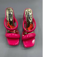  hot pink sandals are similar to the RF Room of Fashion double strap open square toe flared block heel mules. 