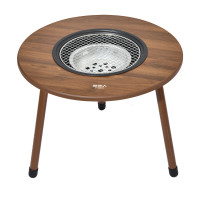 Round outdoor barbecue table with three legs.