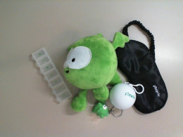 Playrix set: eye mask, green soft toy, 2 keychains, box with separate compartments