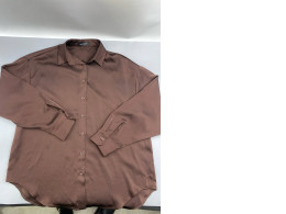 It appears to be a brown satin, long-sleeved, button-down shirt in a style typical of the UNIQLO brand.