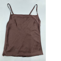  brown satin camisole top featuring thin straps and a square neckline. 