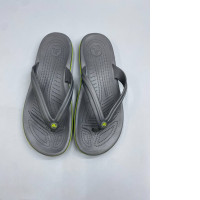 graphite gray and neon green Crocs Crocband Flip Flops. 