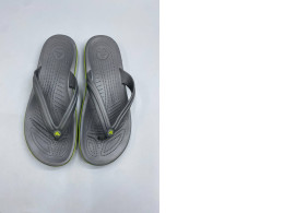graphite gray and neon green Crocs Crocband Flip Flops. 