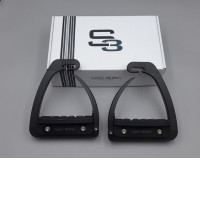 Safe Riding S3 Stirrups in black, designed with a hinged safety mechanism that opens upon a fall to release the foot. 