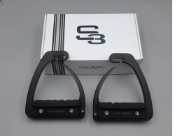 Safe Riding S3 Stirrups in black, designed with a hinged safety mechanism that opens upon a fall to release the foot. 