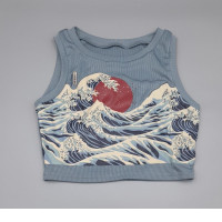 Romwe Japanese Wave Print Crop Tank Blue Size Small Women's