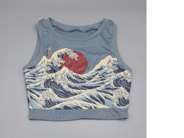 Romwe Japanese Wave Print Crop Tank Blue Size Small Women's