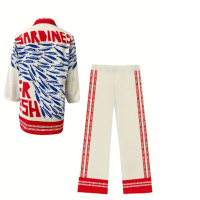 Women's long-sleeved shirt and long trousers, casual style, contrasting stripes, sardine pattern.