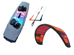The kitesurfing kit includes a parachute, control bar and kite board.