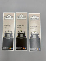 Set of 3 Ahmad Tea brand tags featuring a "London taxi" design.