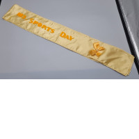 personalized gold satin sash featuring the text "NS SPORTS DAY" and a decorative bow personalized gold satin sash featuring the text "NS SPORTS DAY" and a decorative bow