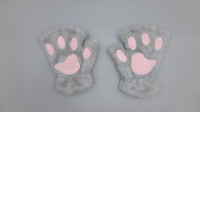 fuzzy plush fingerless gloves designed to look like gray cat paws with pink paw pads. fuzzy plush fingerless gloves designed to look like gray cat paws with pink paw pads.