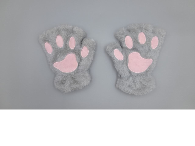 fuzzy plush fingerless gloves designed to look like gray cat paws with pink paw pads. fuzzy plush fingerless gloves designed to look like gray cat paws with pink paw pads.