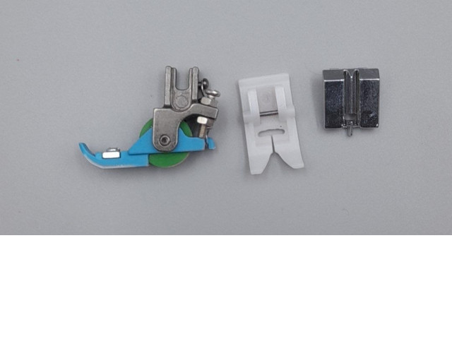 Set of 3 specialized presser feet for a household sewing machine, including a roller foot and a zipper foot. Set of 3 specialized presser feet for a household sewing machine, including a roller foot and a zipper foot.